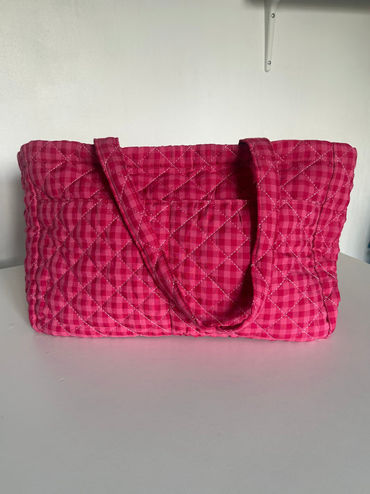 Large Quilted Tote Bag with Pockets - Red/Pink Gingham