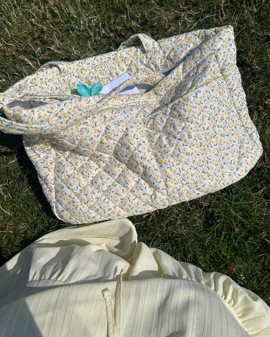 Large Quilted Tote Bag with Pockets in Yellow Darling Ditsy