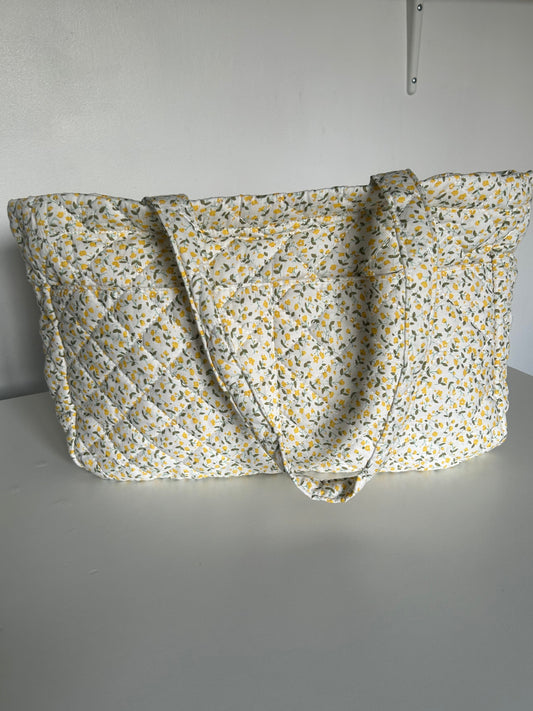 Large Quilted Tote Bag with Pockets - Yellow Ditsy Floral Print