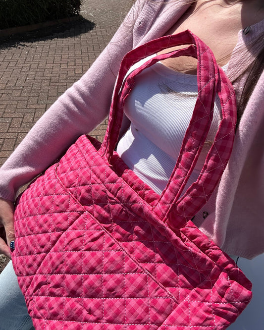Large Quilted Tote Bag with Pockets in Raspberry Gingham