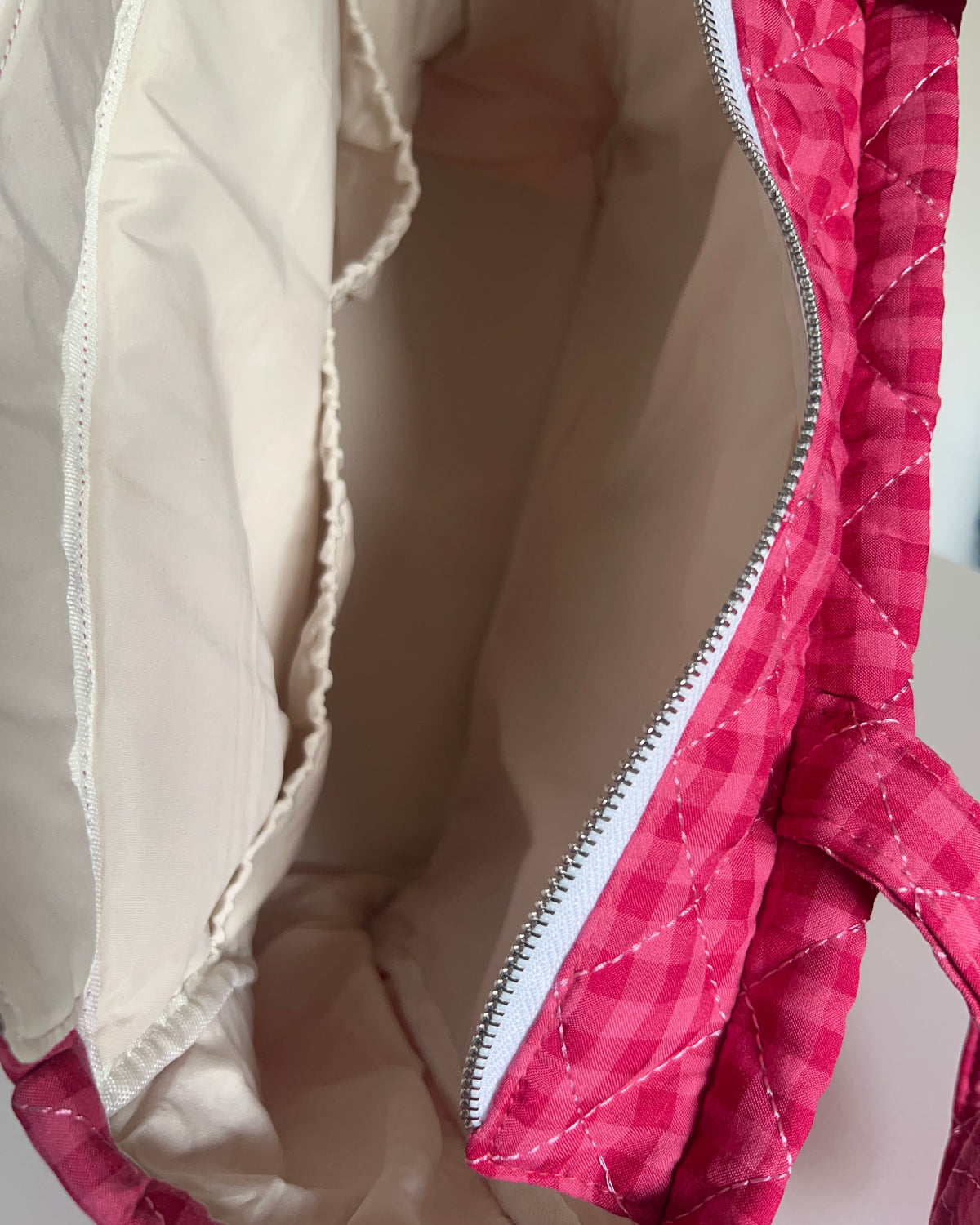Large Quilted Tote Bag with Pockets in Raspberry Gingham