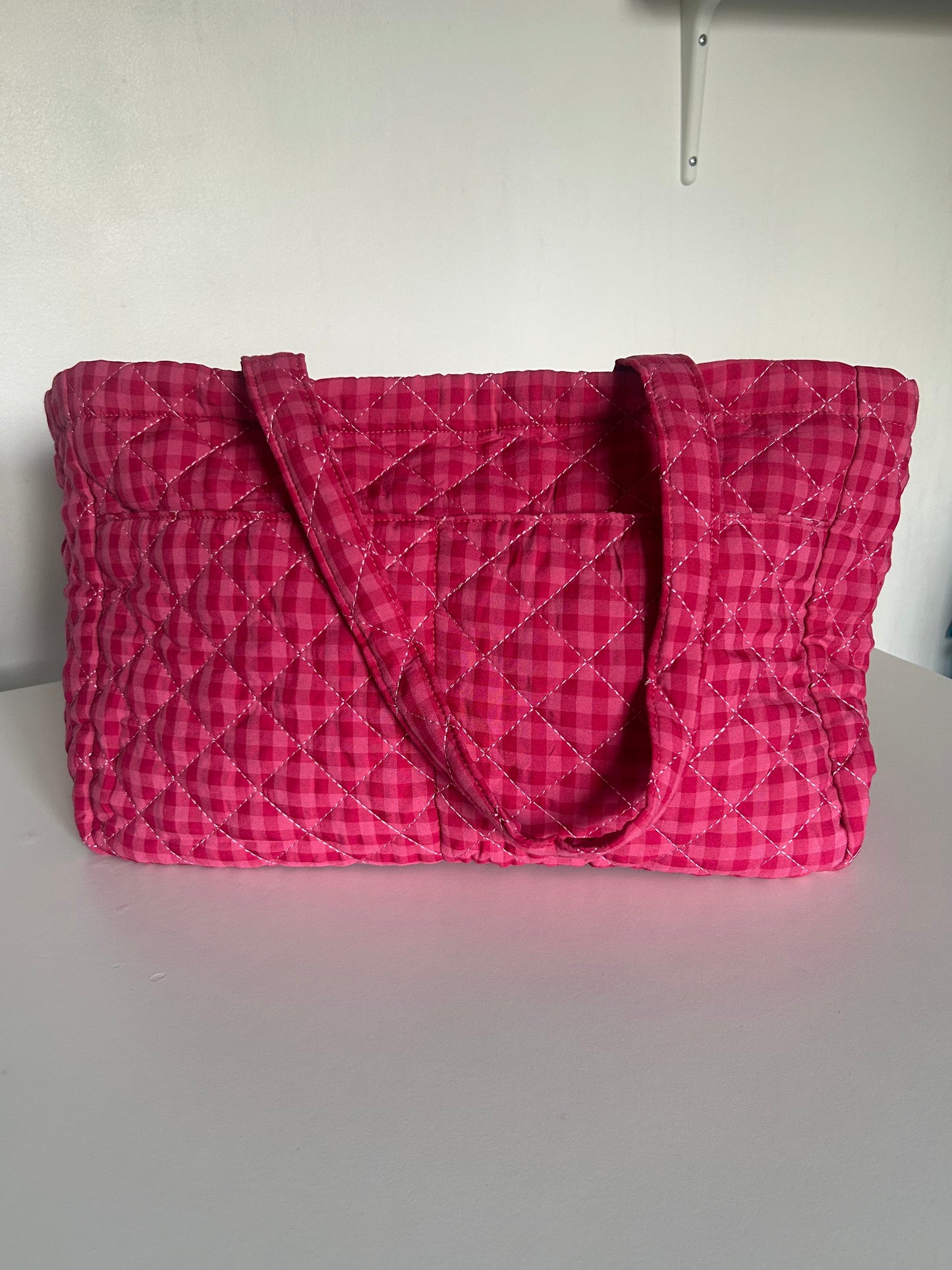 Large Quilted Tote Bag with Pockets - Red/Pink Gingham