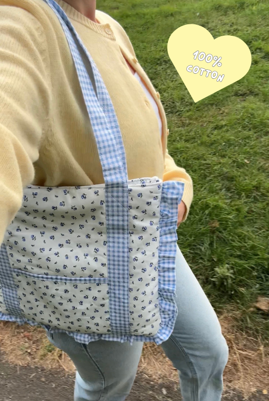 Ruffle Tote Bag - Blue Floral/Gingham Mix