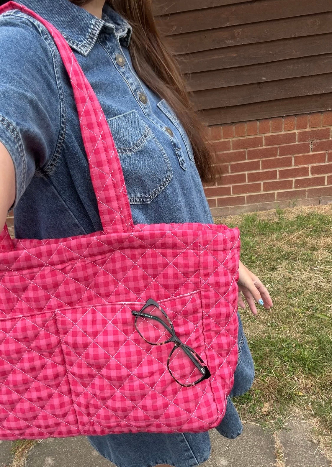 Large Quilted Tote Bag with Pockets - Red/Pink Gingham