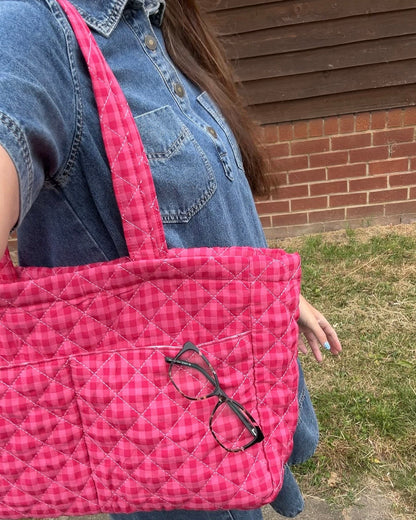 Large Quilted Tote Bag with Pockets in Raspberry Gingham