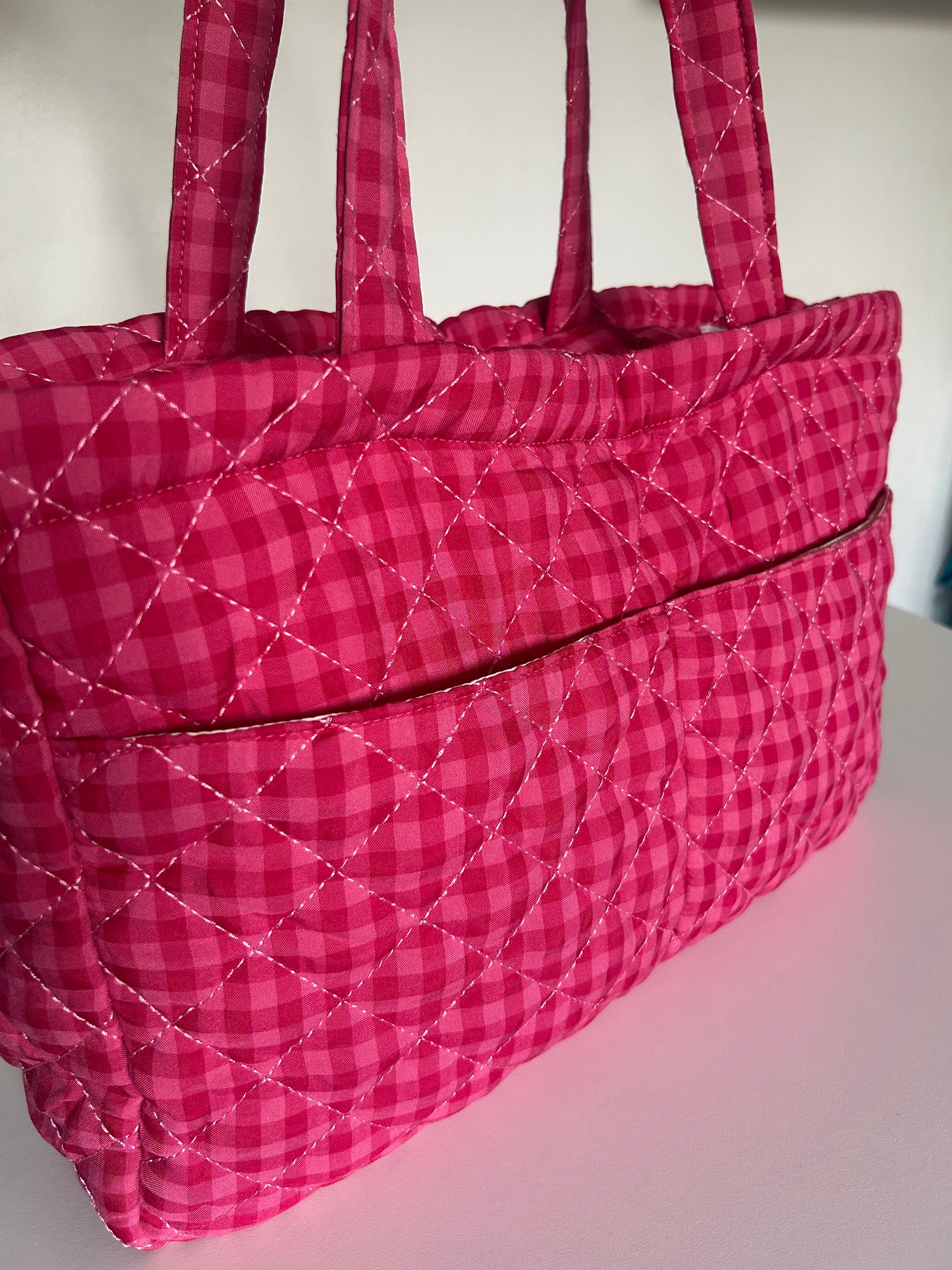 Large Quilted Tote Bag with Pockets - Red/Pink Gingham