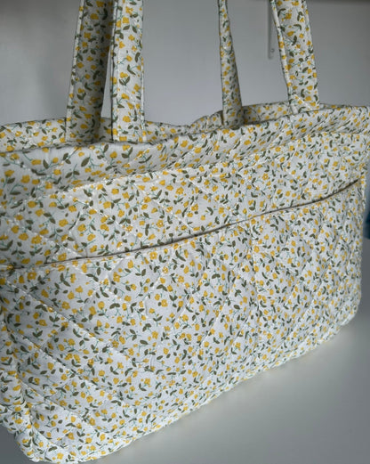Large Quilted Tote Bag with Pockets in Yellow Darling Ditsy