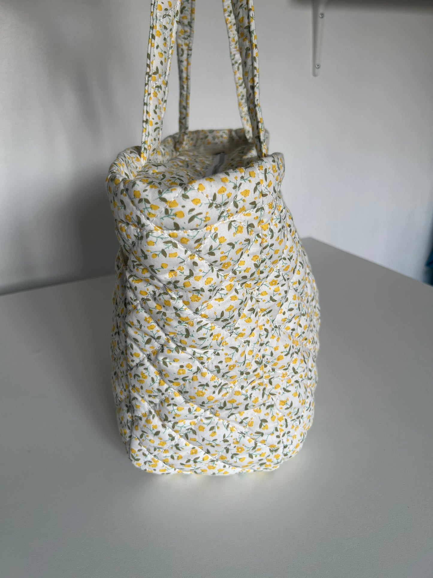 Large Quilted Tote Bag with Pockets - Yellow Ditsy Floral Print