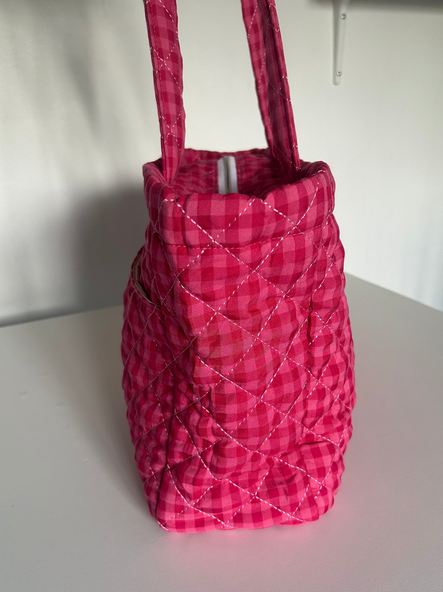 Large Quilted Tote Bag with Pockets - Red/Pink Gingham