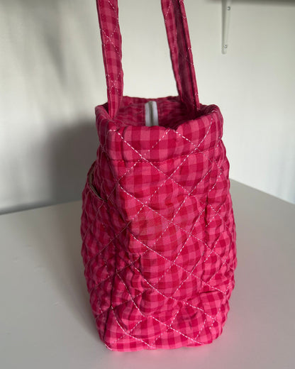 Large Quilted Tote Bag with Pockets in Raspberry Gingham