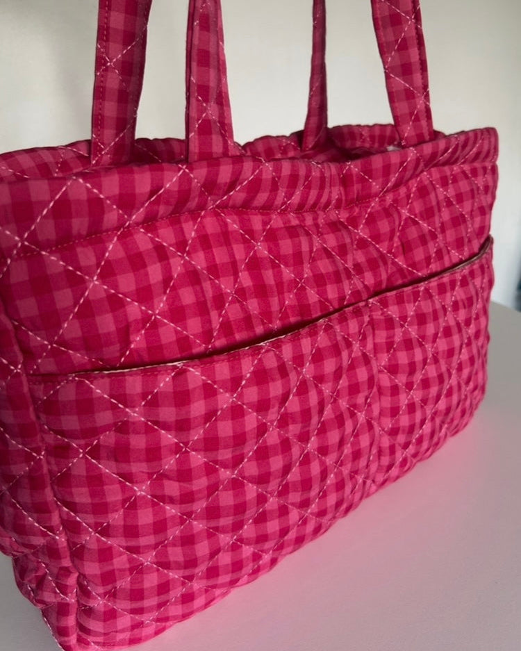 Large Quilted Tote Bag with Pockets in Raspberry Gingham