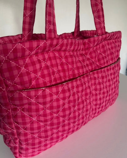 Large Quilted Tote Bag with Pockets in Raspberry Gingham