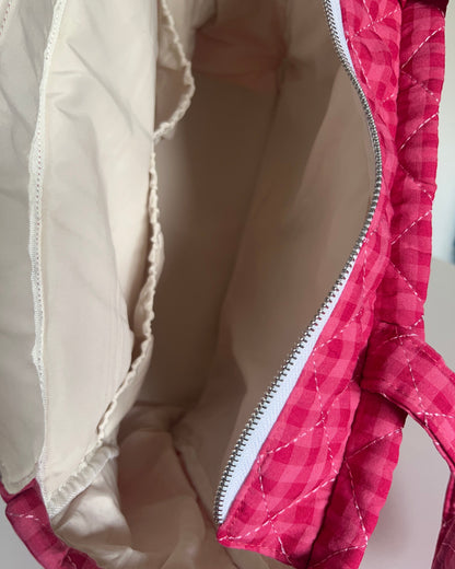 Large Quilted Tote Bag with Pockets in Raspberry Gingham