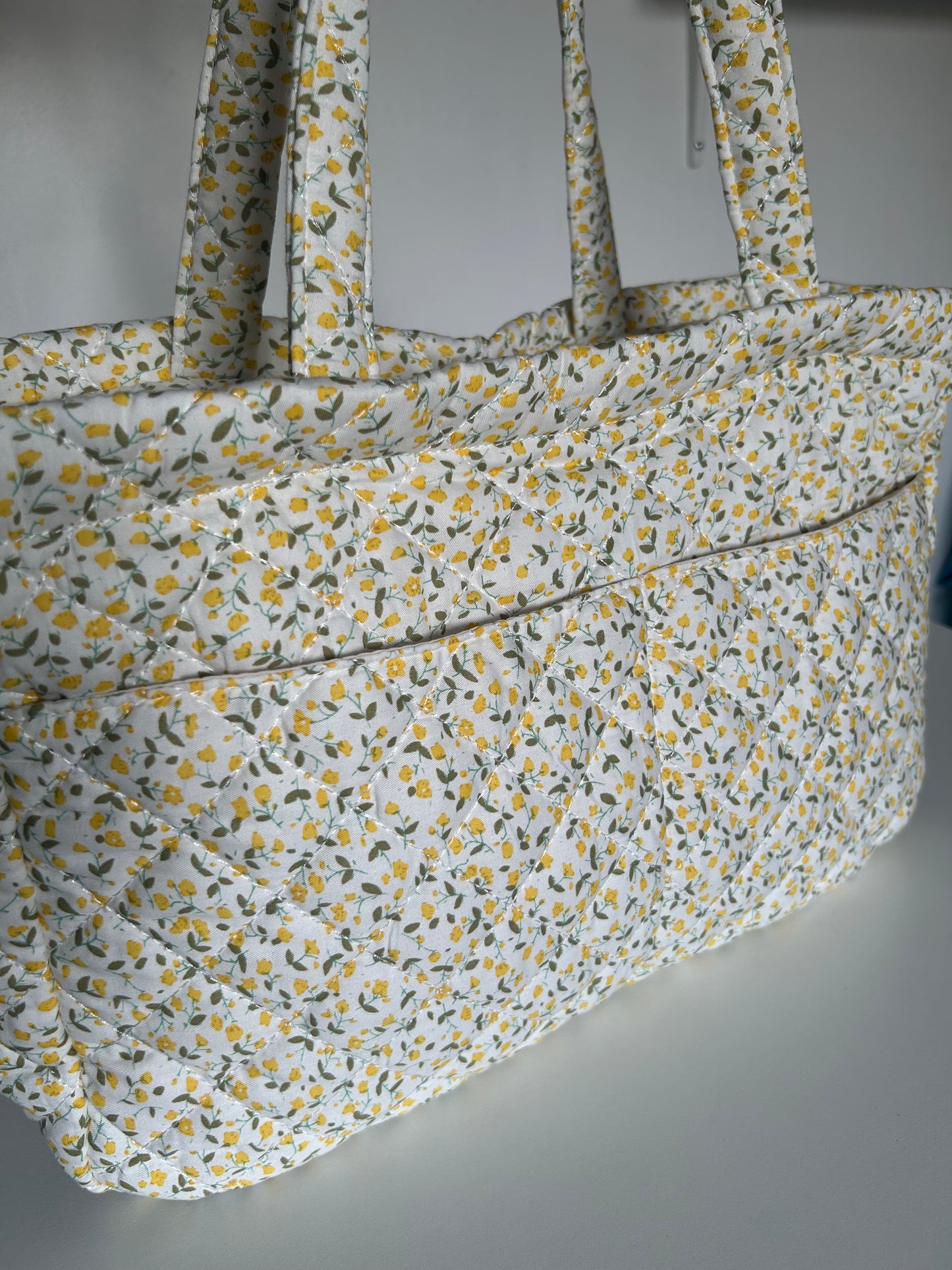 Large Quilted Tote Bag with Pockets - Yellow Ditsy Floral Print