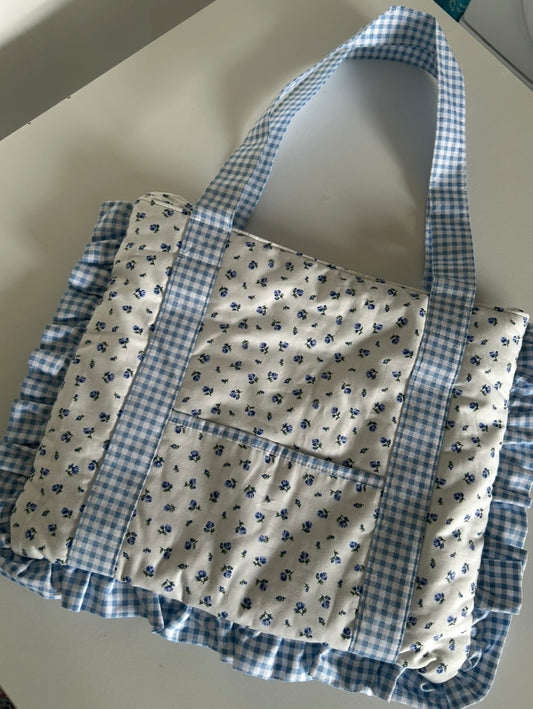 Ruffle Tote Bag - Blue Floral/Gingham Mix