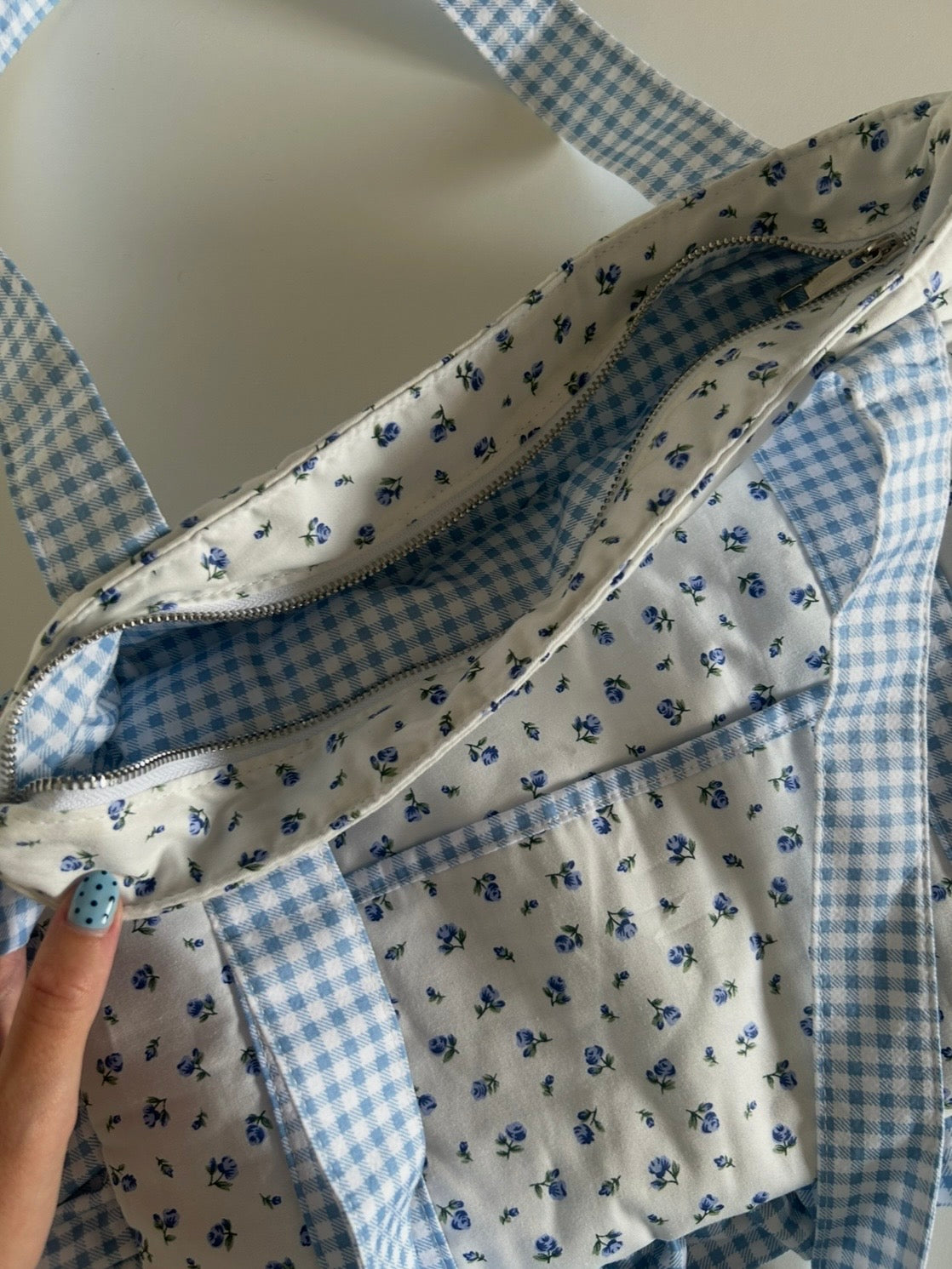 Ruffle Tote Bag - Blue Floral/Gingham Mix