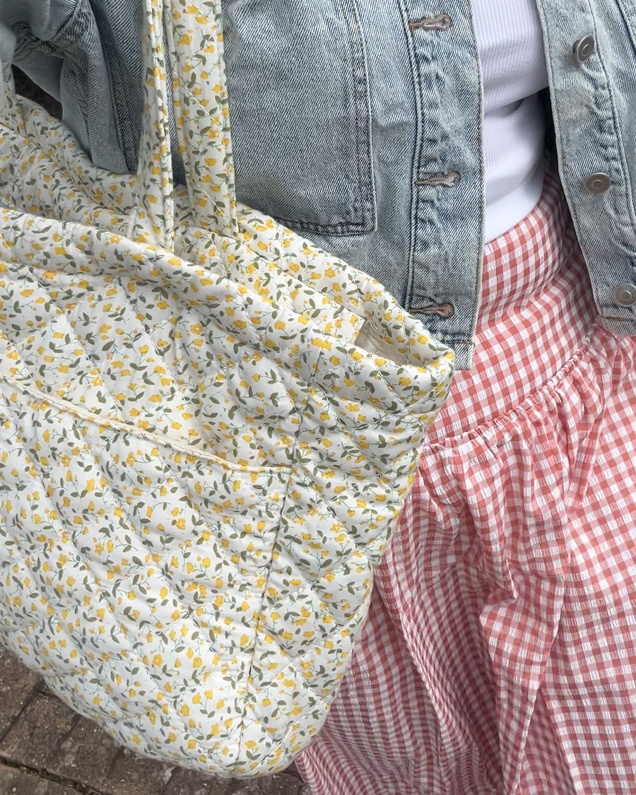 Large Quilted Tote Bag with Pockets in Yellow Darling Ditsy