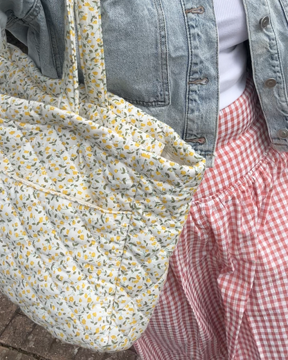 Large Quilted Tote Bag with Pockets in Yellow Darling Ditsy