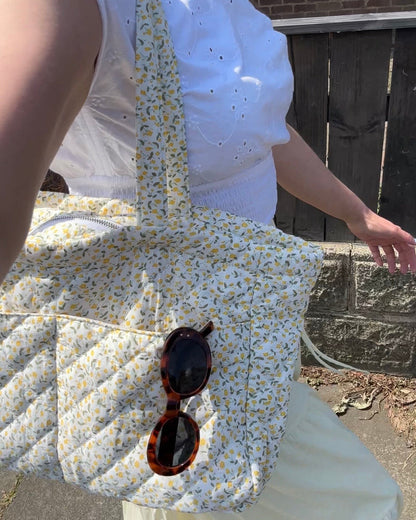 Large Quilted Tote Bag with Pockets in Yellow Darling Ditsy