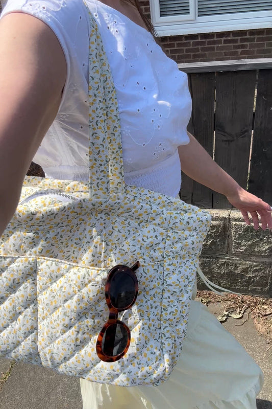 Large Quilted Tote Bag with Pockets - Yellow Ditsy Floral Print