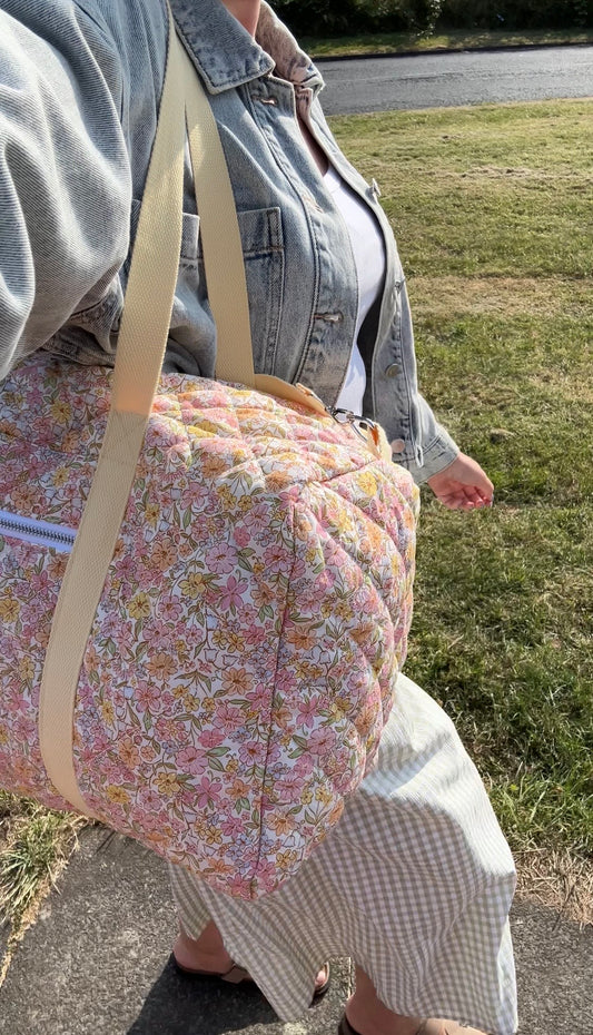 Large Floral Quilted Duffle Bag - Pink/Orange/Green Mix
